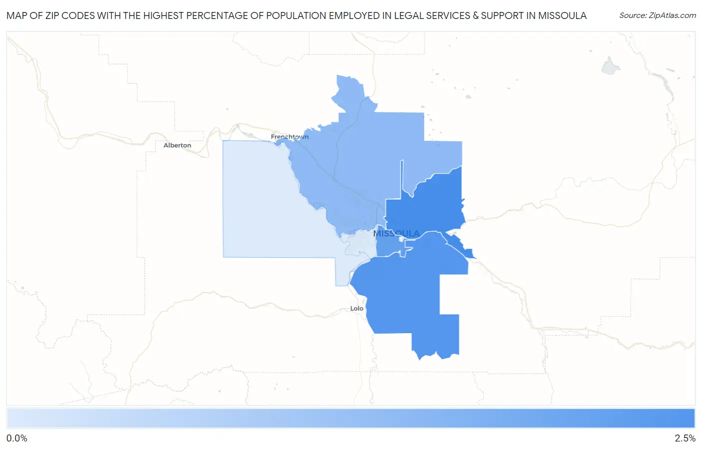 Zip Codes with the Highest Percentage of Population Employed in Legal Services & Support in Missoula Map
