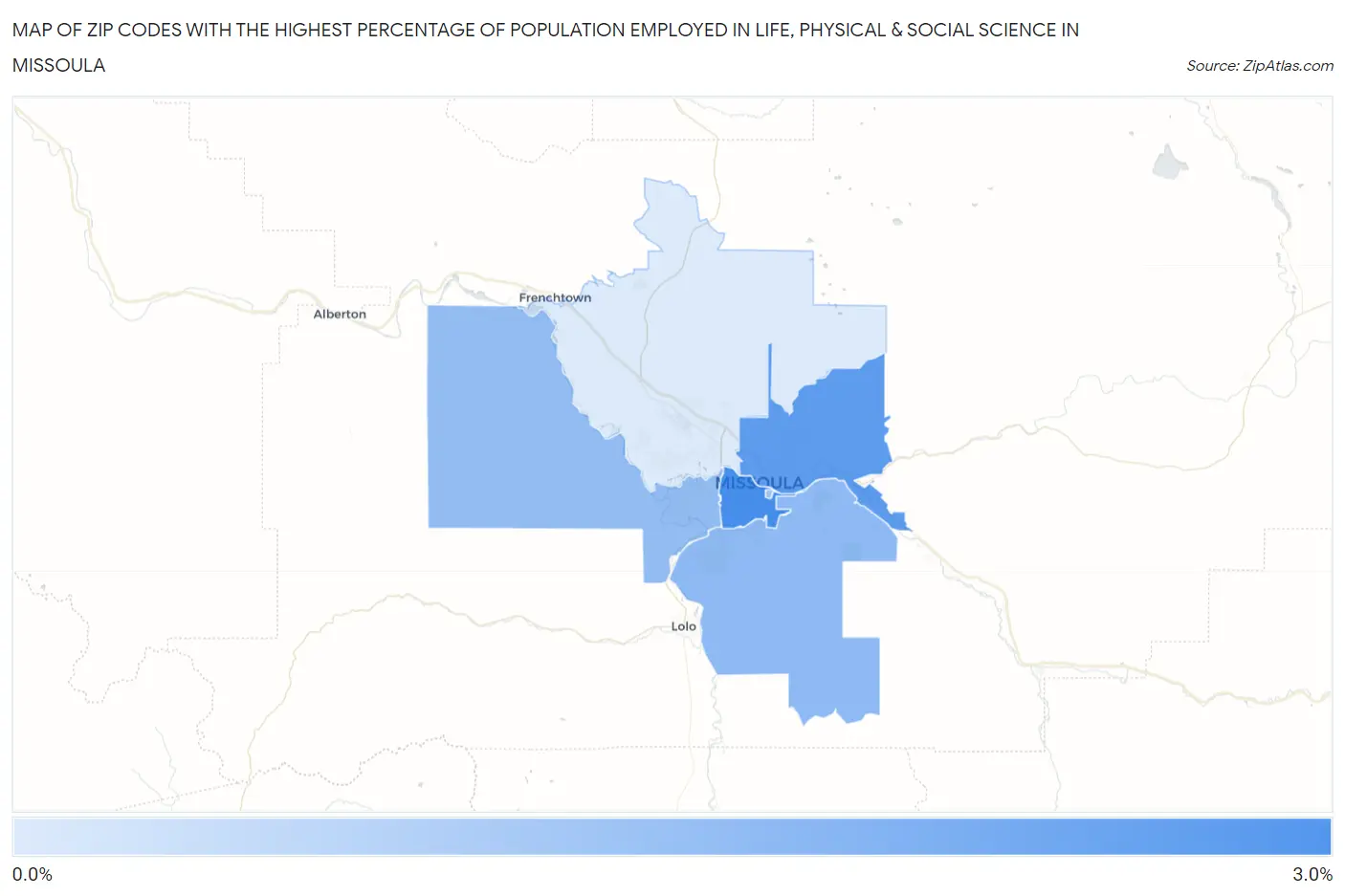 Zip Codes with the Highest Percentage of Population Employed in Life, Physical & Social Science in Missoula Map