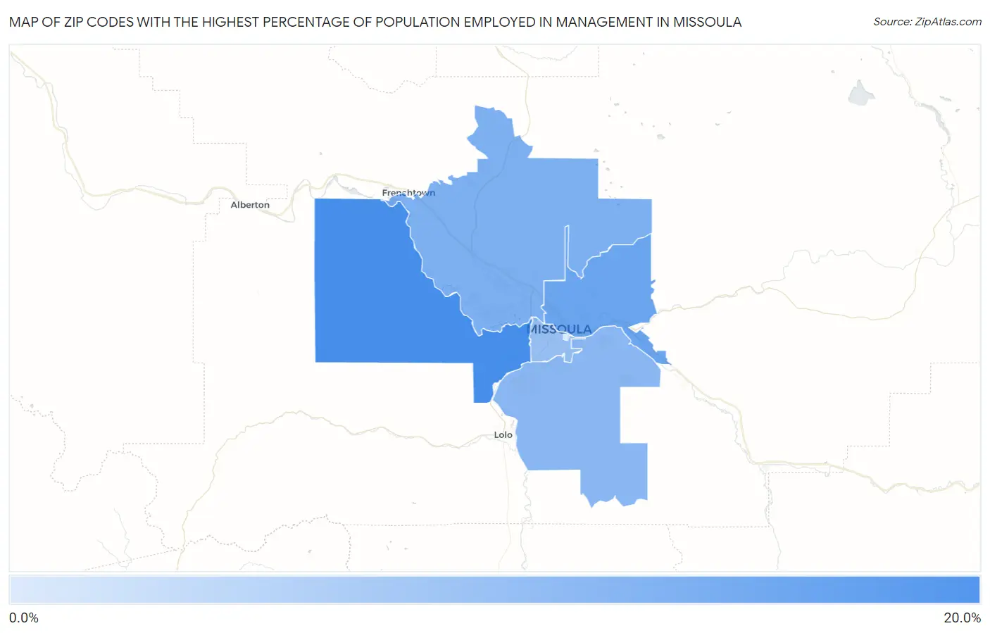 Zip Codes with the Highest Percentage of Population Employed in Management in Missoula Map