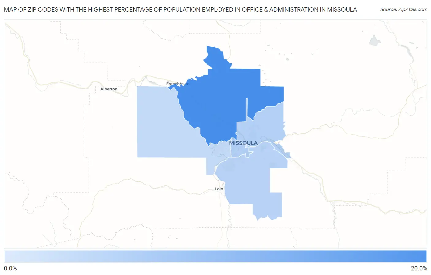 Zip Codes with the Highest Percentage of Population Employed in Office & Administration in Missoula Map
