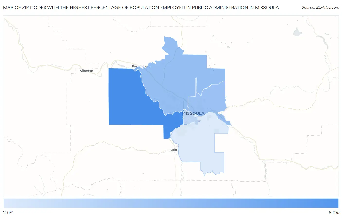 Zip Codes with the Highest Percentage of Population Employed in Public Administration in Missoula Map