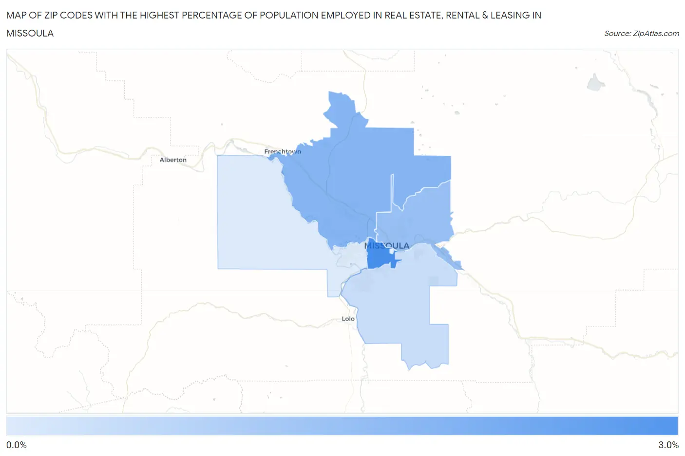 Zip Codes with the Highest Percentage of Population Employed in Real Estate, Rental & Leasing in Missoula Map