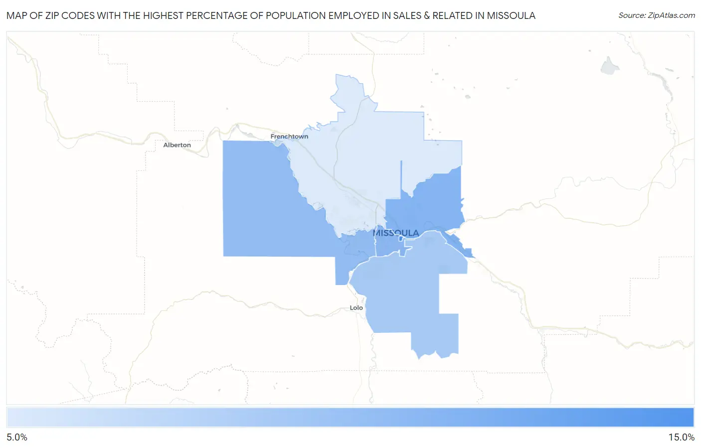 Zip Codes with the Highest Percentage of Population Employed in Sales & Related in Missoula Map