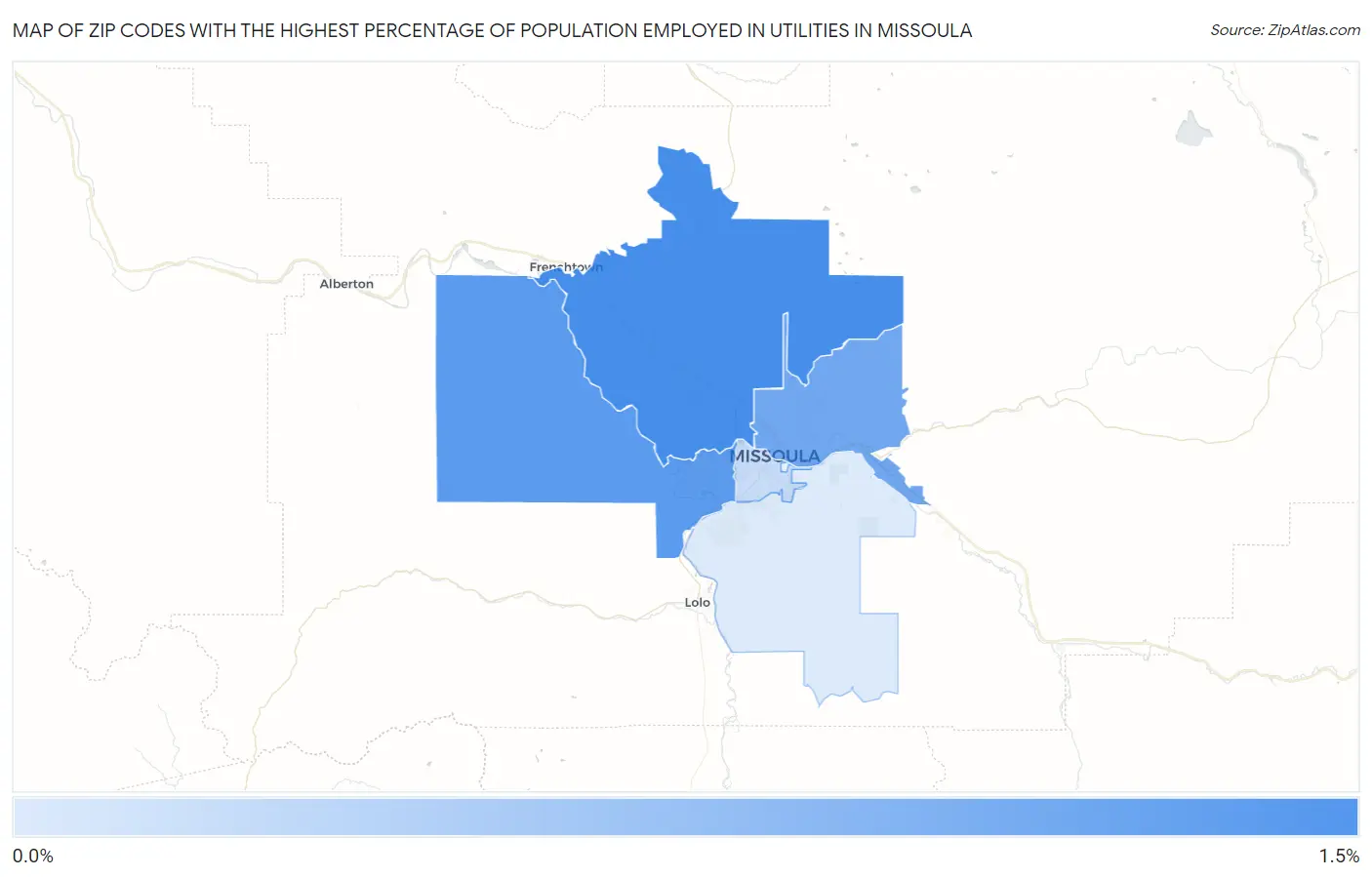 Zip Codes with the Highest Percentage of Population Employed in Utilities in Missoula Map
