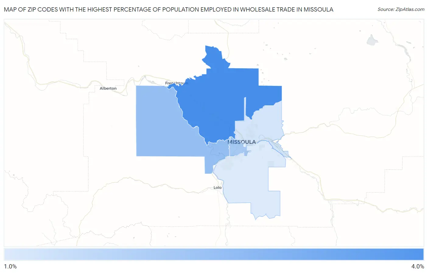 Zip Codes with the Highest Percentage of Population Employed in Wholesale Trade in Missoula Map