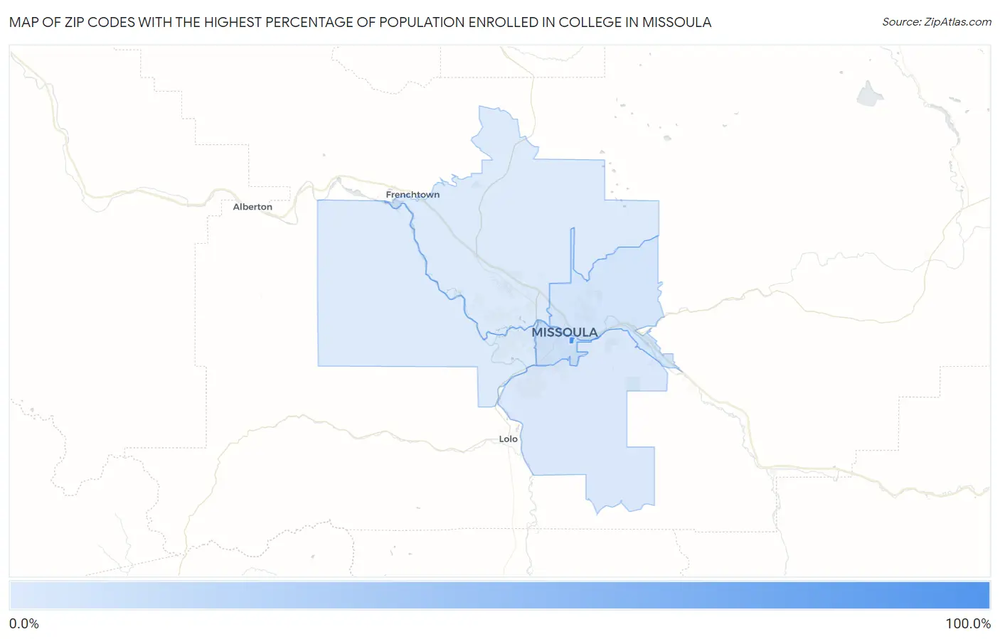 Zip Codes with the Highest Percentage of Population Enrolled in College in Missoula Map