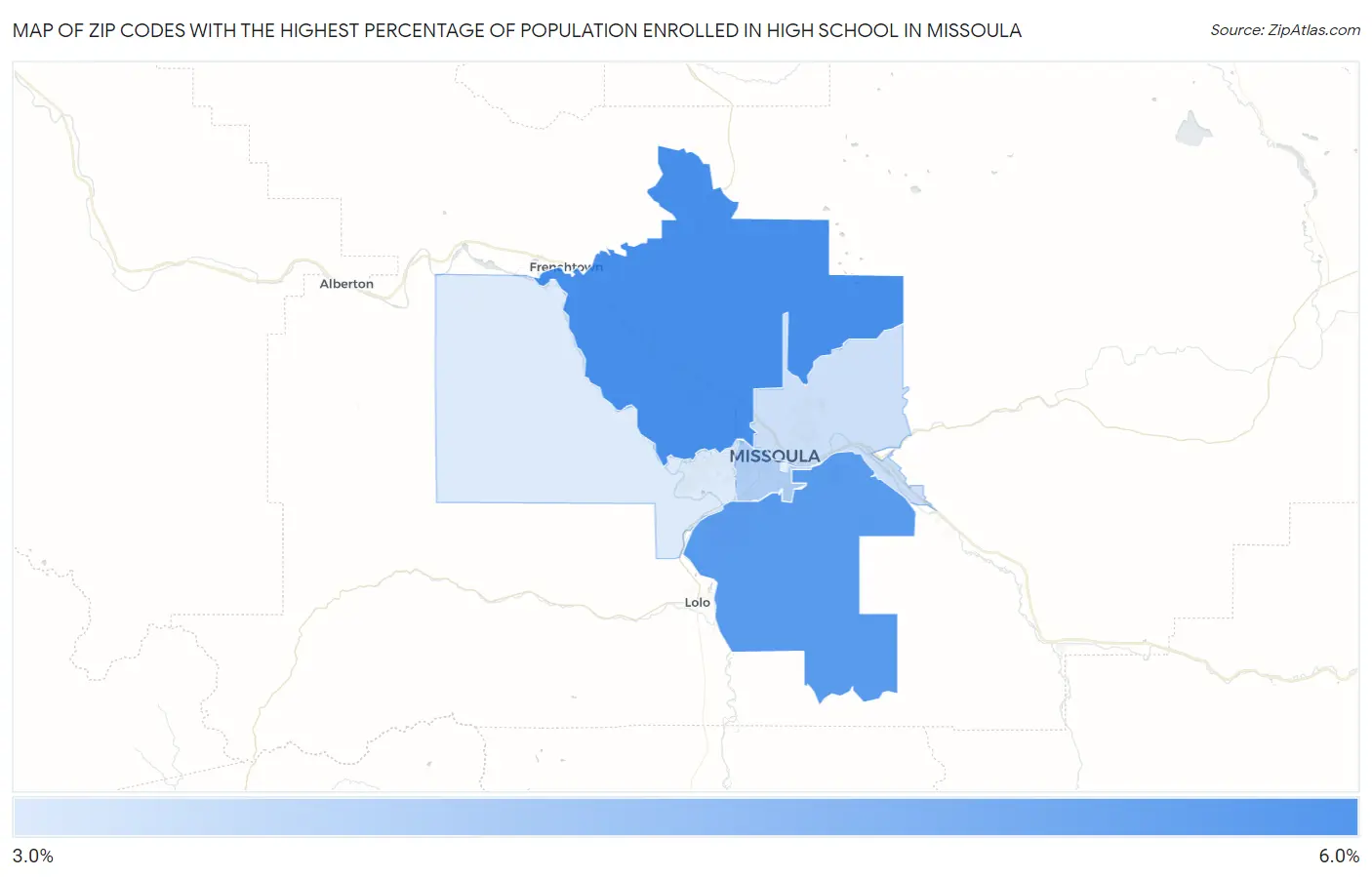 Zip Codes with the Highest Percentage of Population Enrolled in High School in Missoula Map