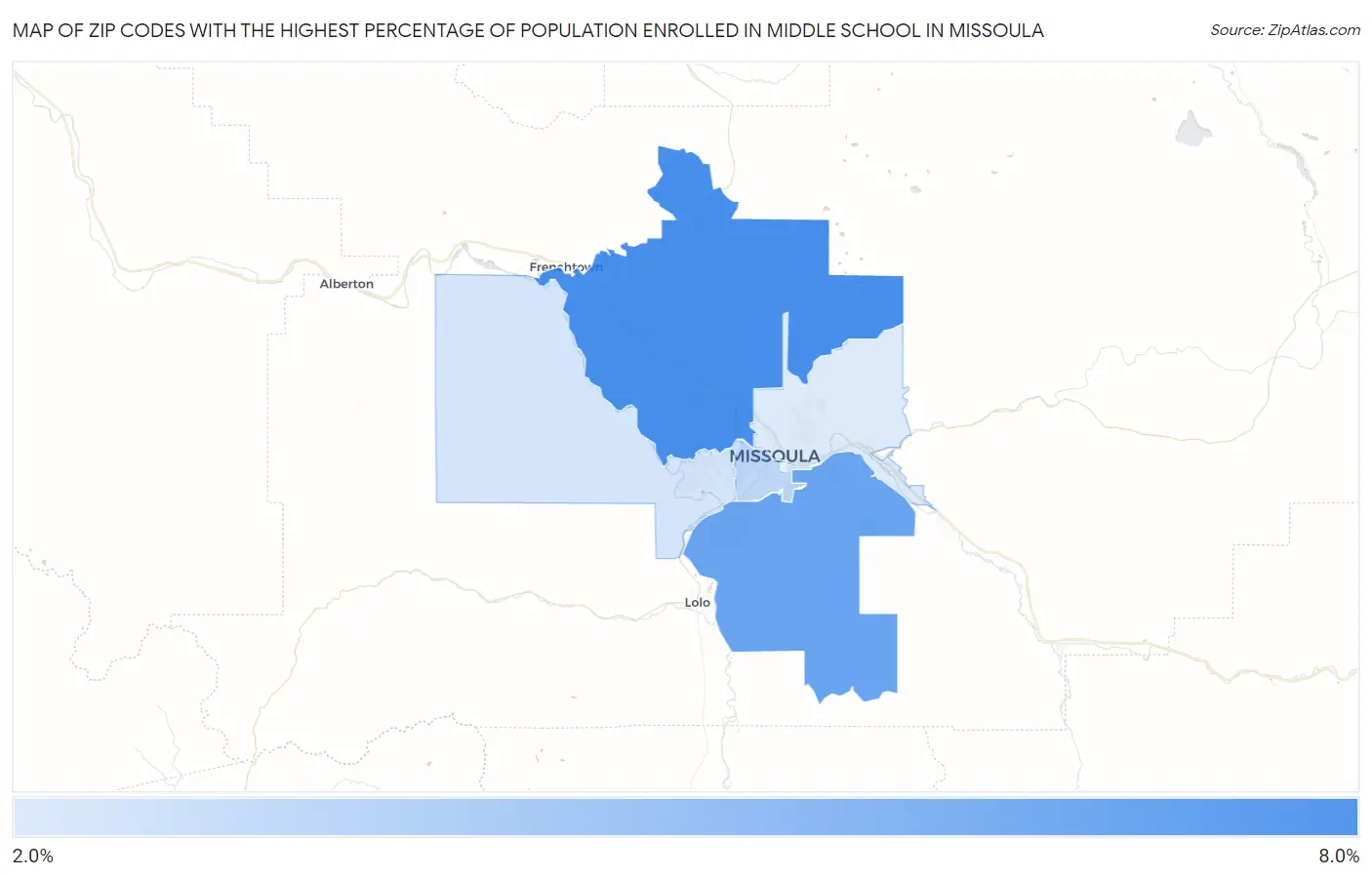 Zip Codes with the Highest Percentage of Population Enrolled in Middle School in Missoula Map