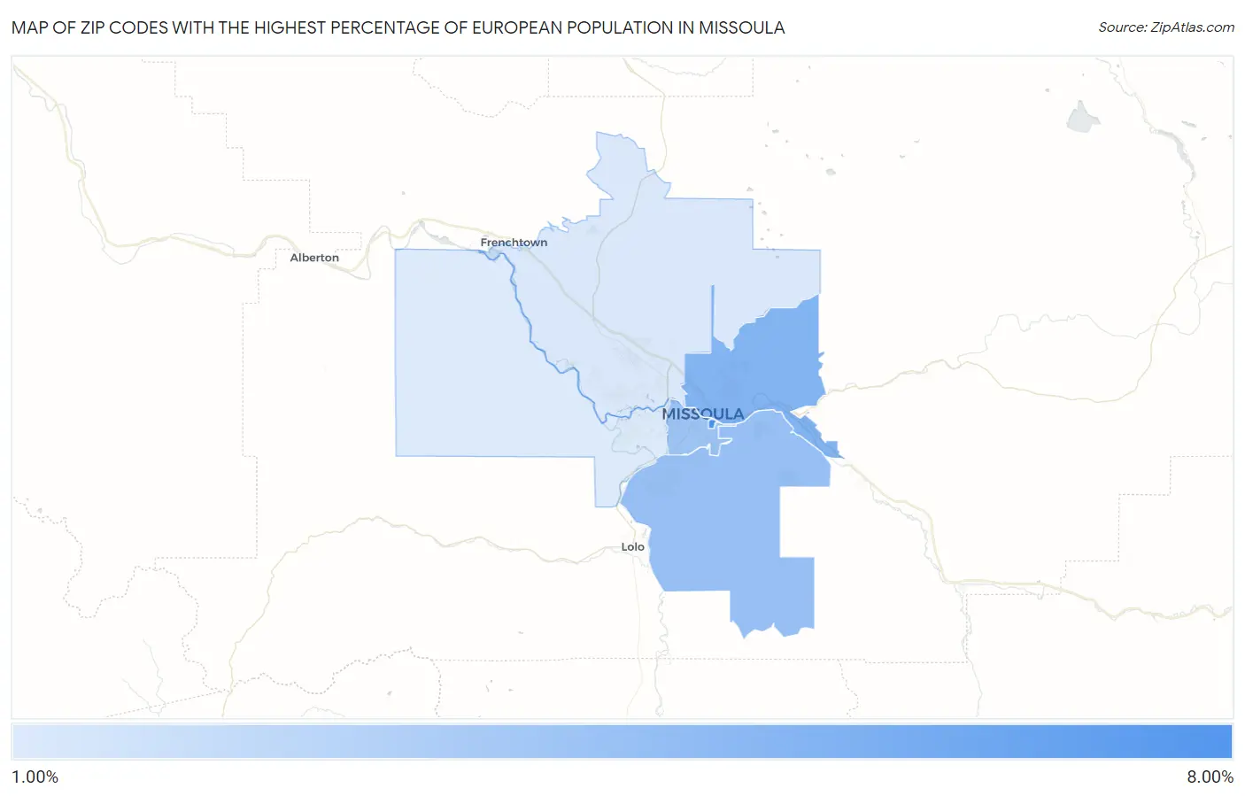 Zip Codes with the Highest Percentage of European Population in Missoula Map