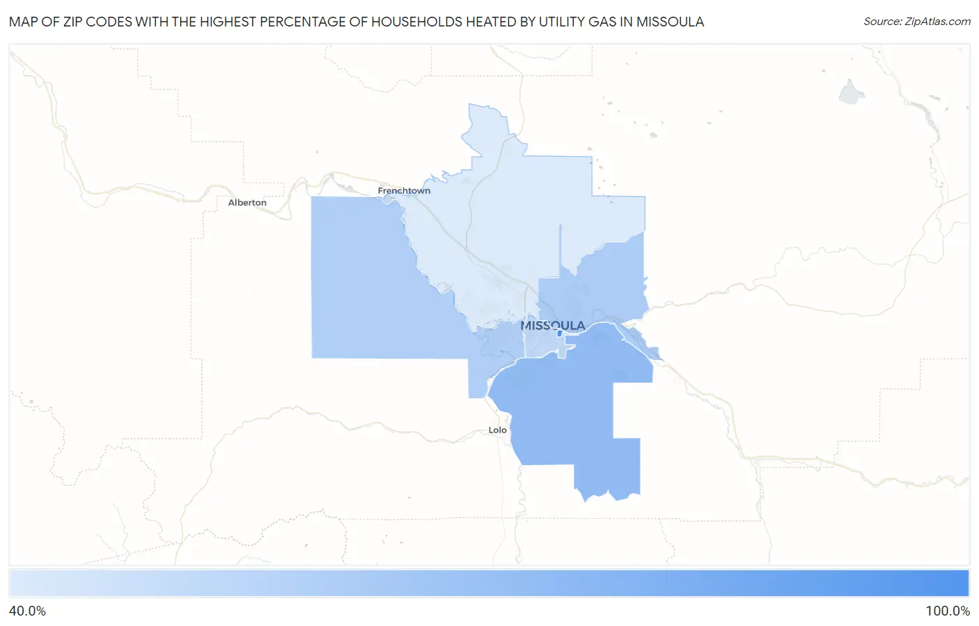 Zip Codes with the Highest Percentage of Households Heated by Utility Gas in Missoula Map