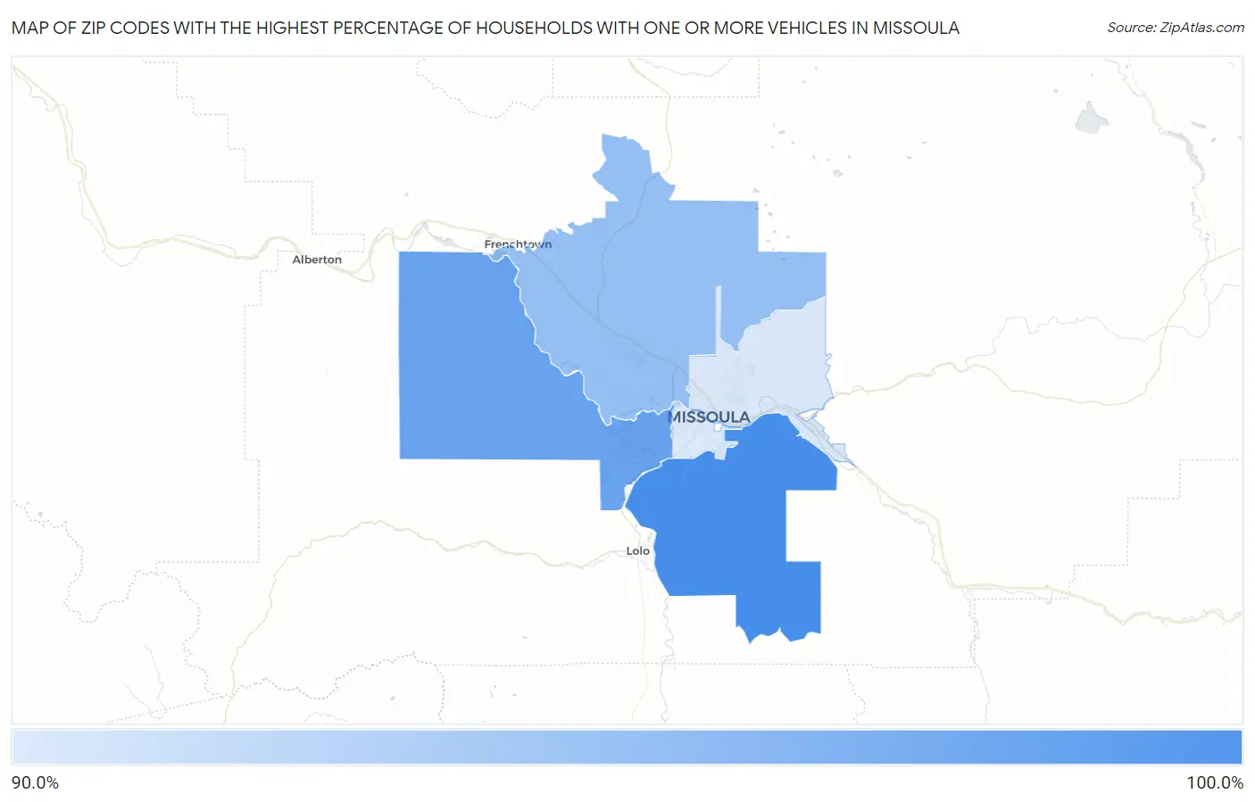 Zip Codes with the Highest Percentage of Households With One or more Vehicles in Missoula Map