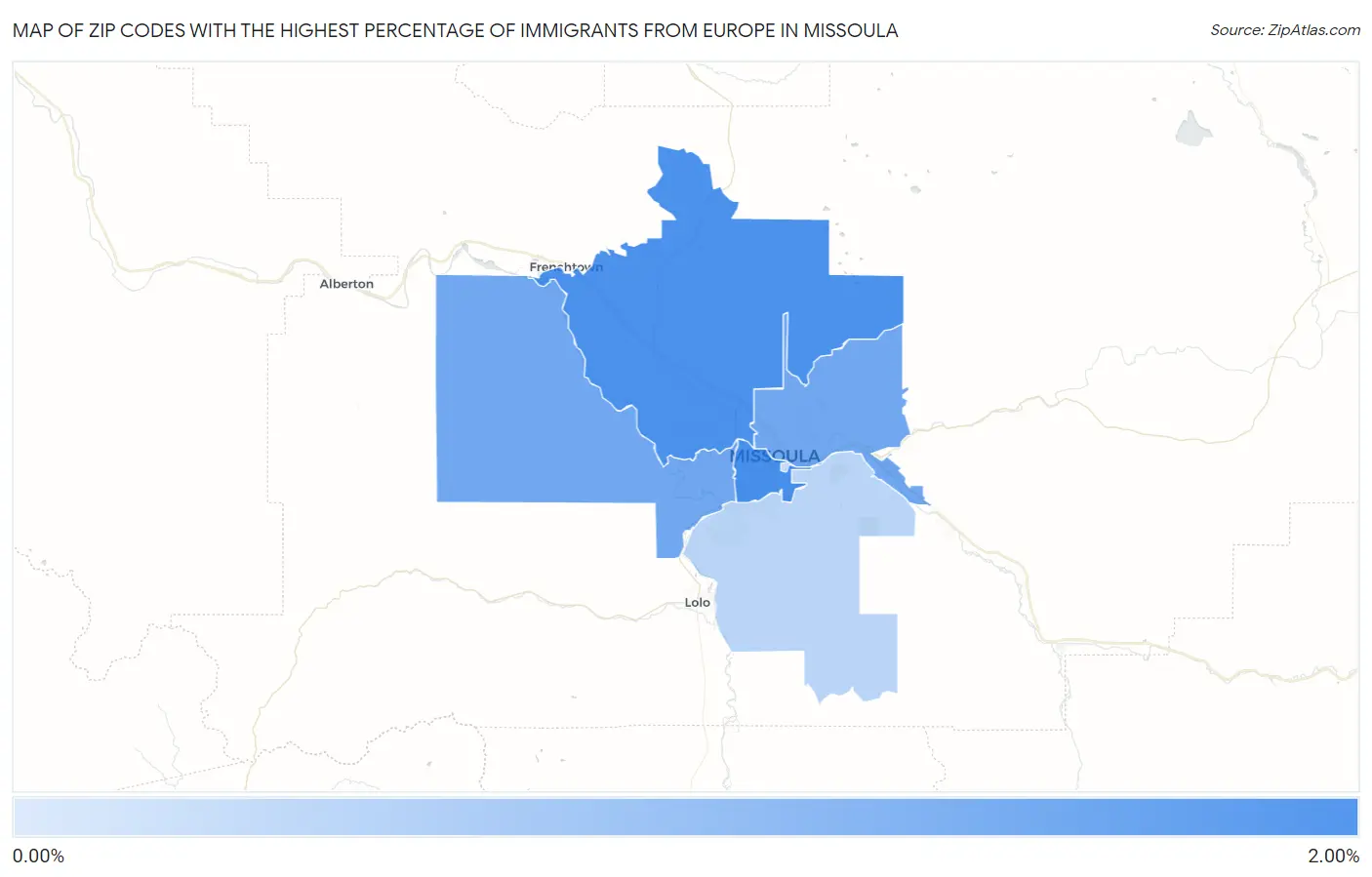 Zip Codes with the Highest Percentage of Immigrants from Europe in Missoula Map
