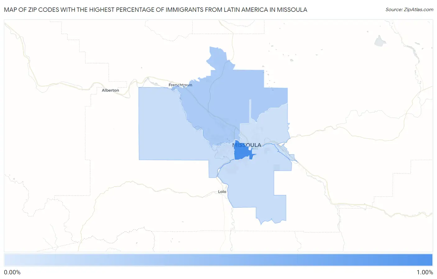 Zip Codes with the Highest Percentage of Immigrants from Latin America in Missoula Map