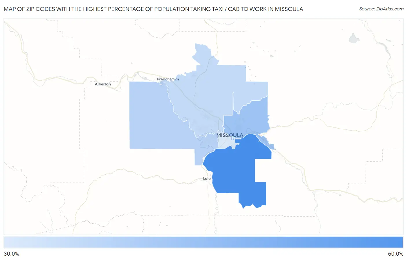 Zip Codes with the Highest Percentage of Population Taking Taxi / Cab to Work in Missoula Map