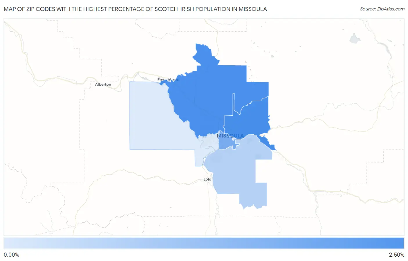 Zip Codes with the Highest Percentage of Scotch-Irish Population in Missoula Map