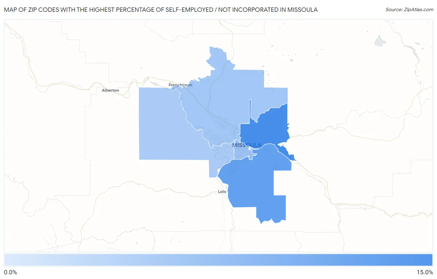 Zip Codes with the Highest Percentage of Self-Employed / Not Incorporated in Missoula Map