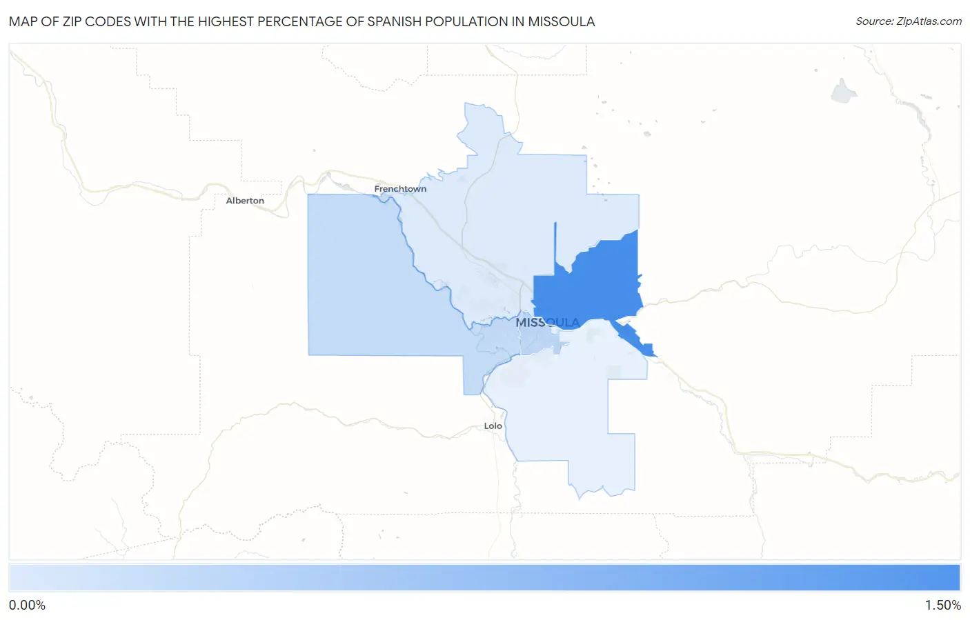 Zip Codes with the Highest Percentage of Spanish Population in Missoula Map