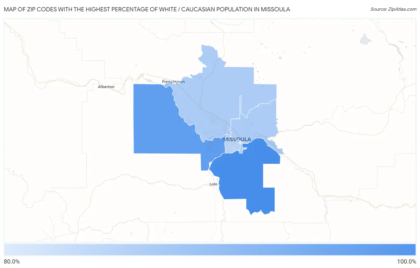Zip Codes with the Highest Percentage of White / Caucasian Population in Missoula Map