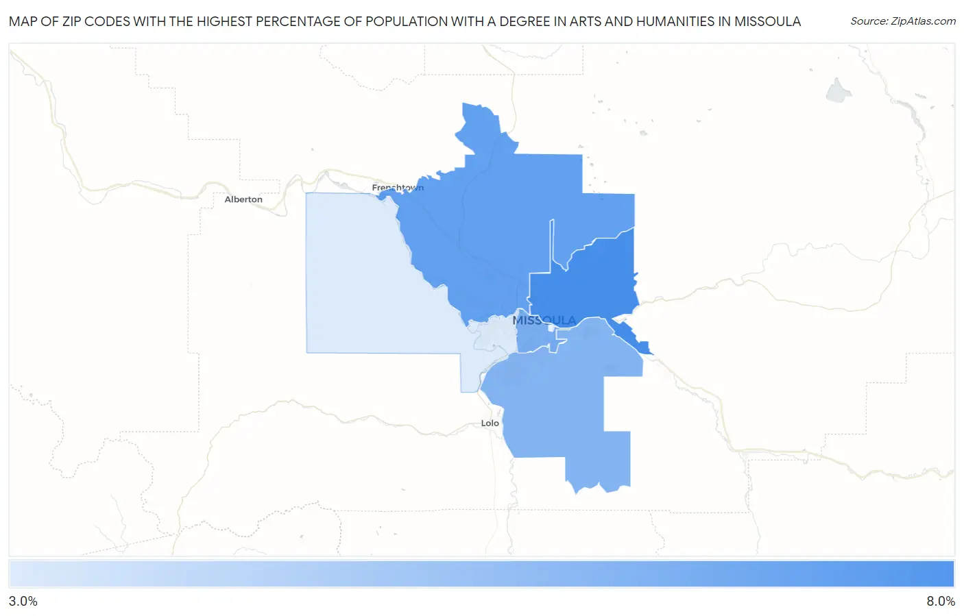 Zip Codes with the Highest Percentage of Population with a Degree in Arts and Humanities in Missoula Map