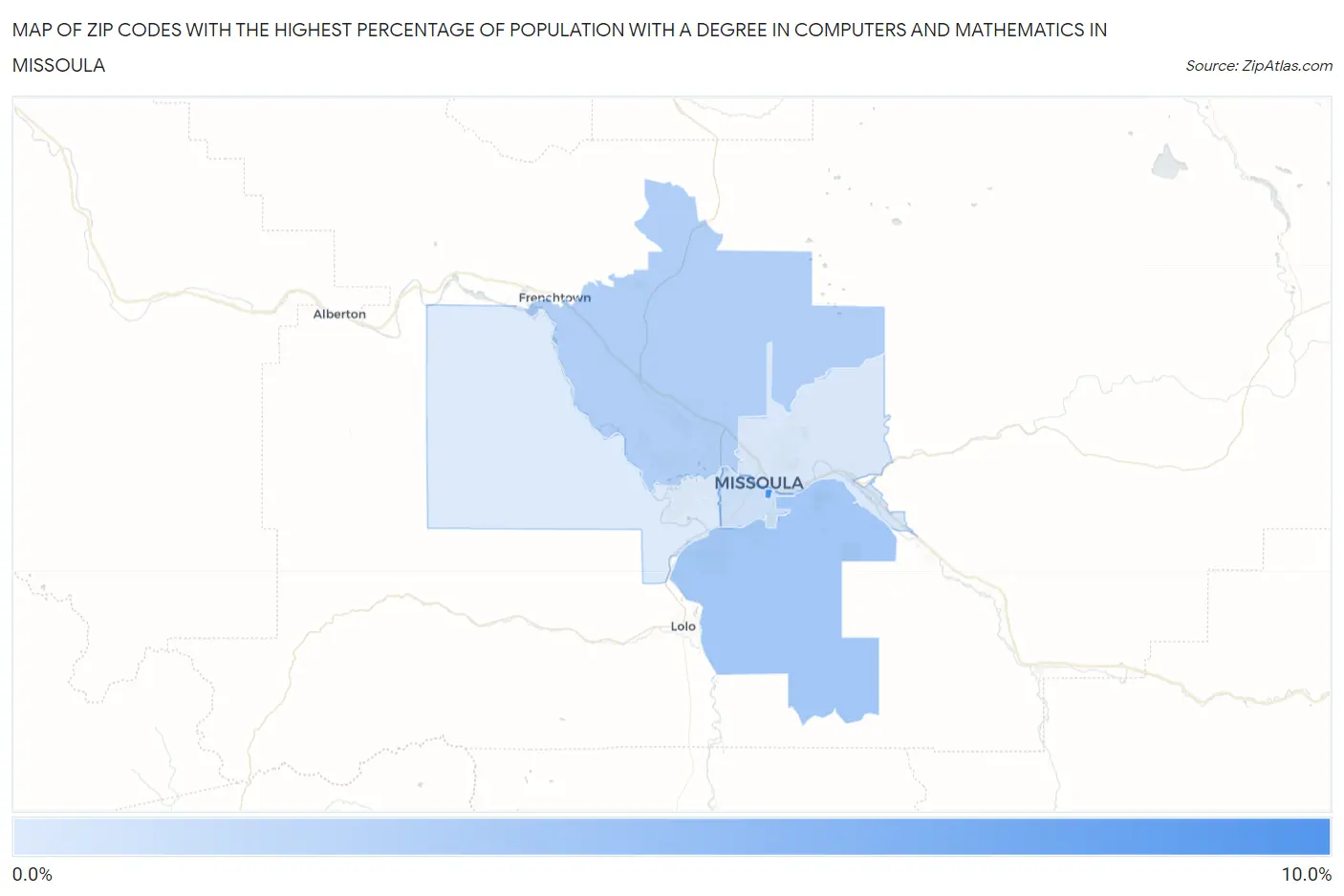Zip Codes with the Highest Percentage of Population with a Degree in Computers and Mathematics in Missoula Map