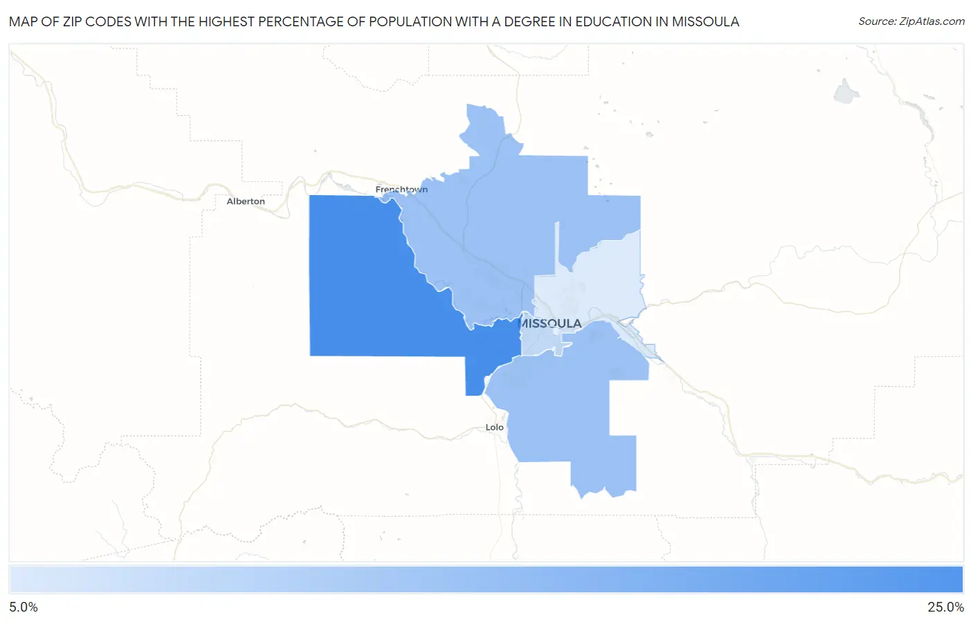 Zip Codes with the Highest Percentage of Population with a Degree in Education in Missoula Map