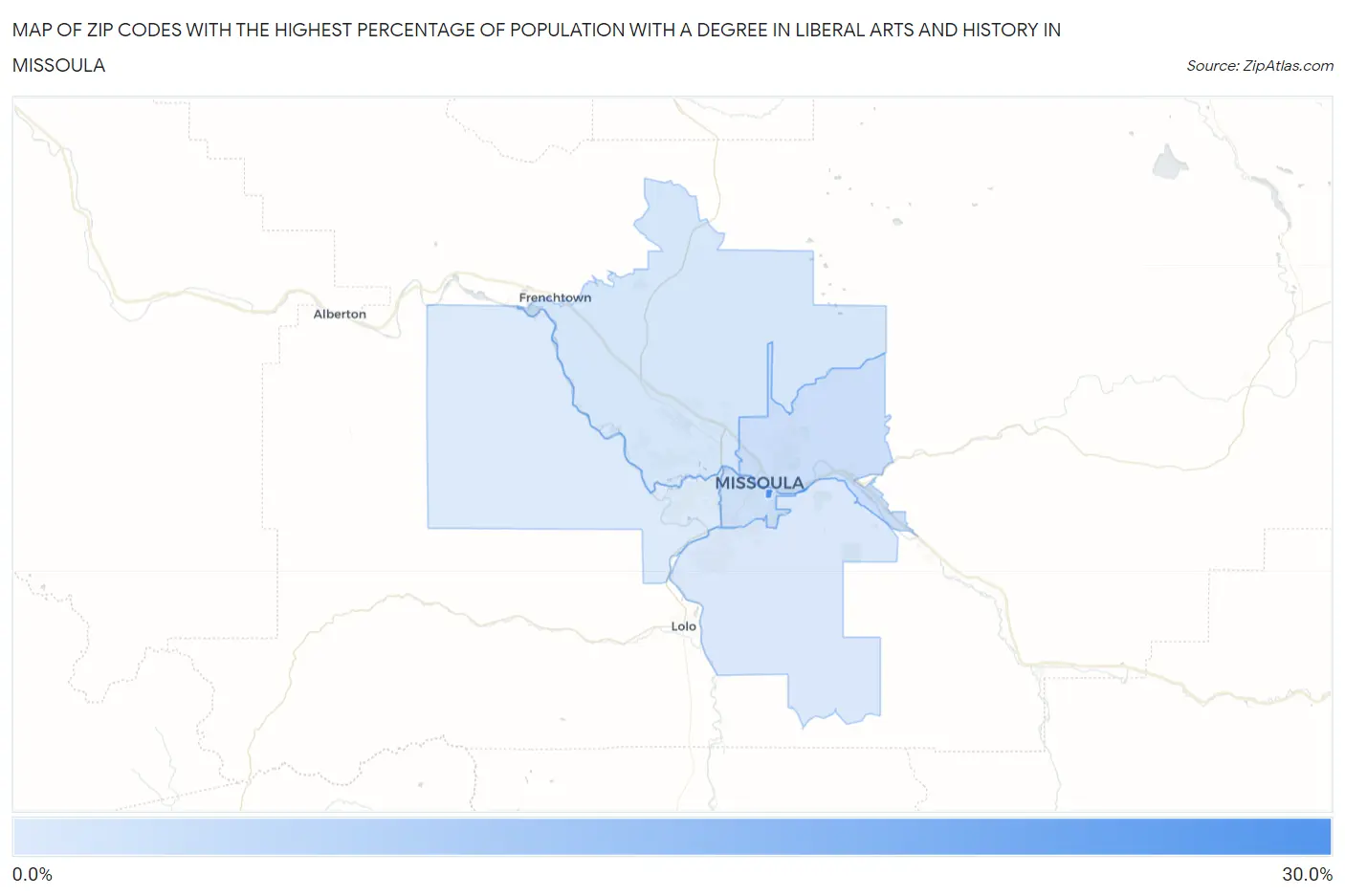 Zip Codes with the Highest Percentage of Population with a Degree in Liberal Arts and History in Missoula Map