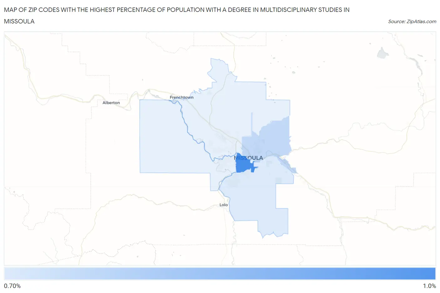 Zip Codes with the Highest Percentage of Population with a Degree in Multidisciplinary Studies in Missoula Map