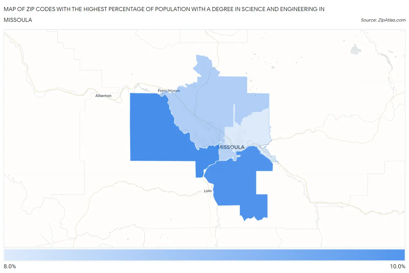 Zip Codes with the Highest Percentage of Population with a Degree in Science and Engineering in Missoula Map