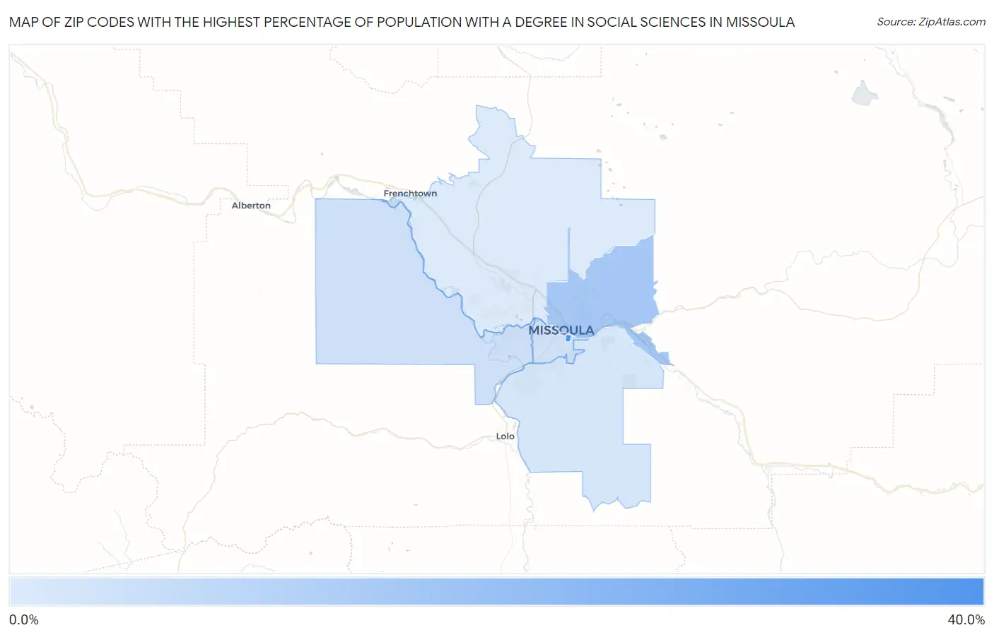 Zip Codes with the Highest Percentage of Population with a Degree in Social Sciences in Missoula Map