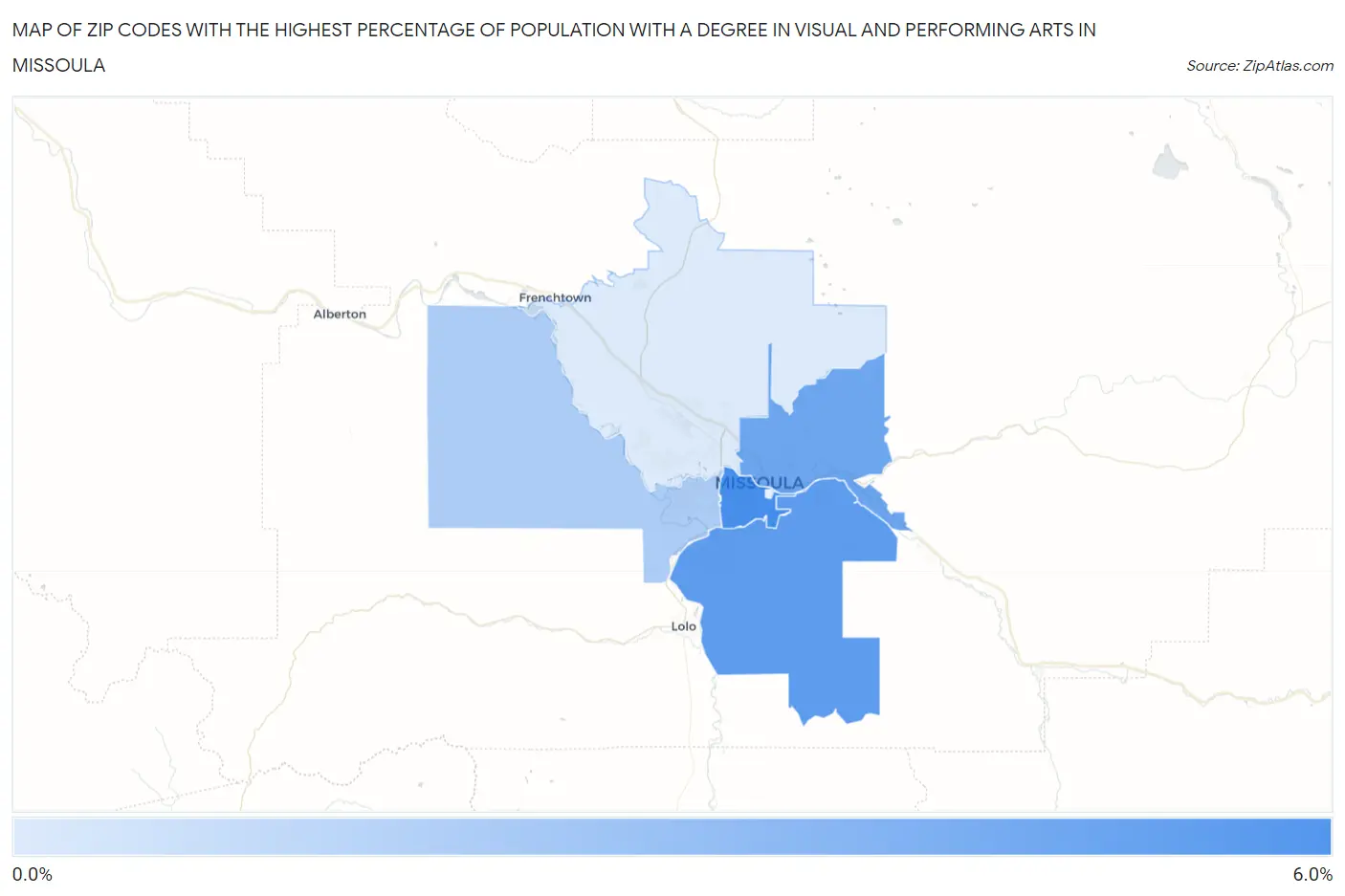 Zip Codes with the Highest Percentage of Population with a Degree in Visual and Performing Arts in Missoula Map