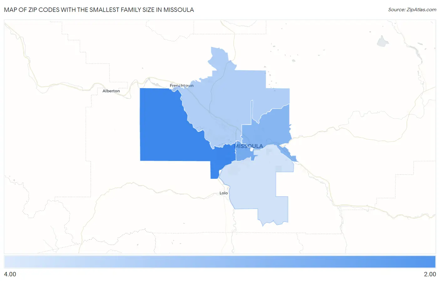 Zip Codes with the Smallest Family Size in Missoula Map