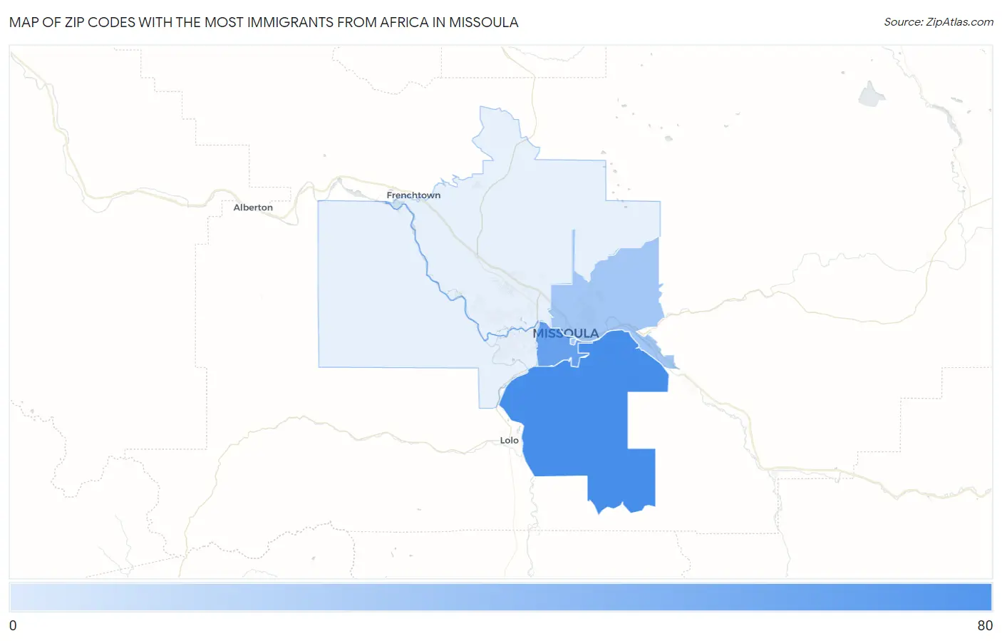 Zip Codes with the Most Immigrants from Africa in Missoula Map