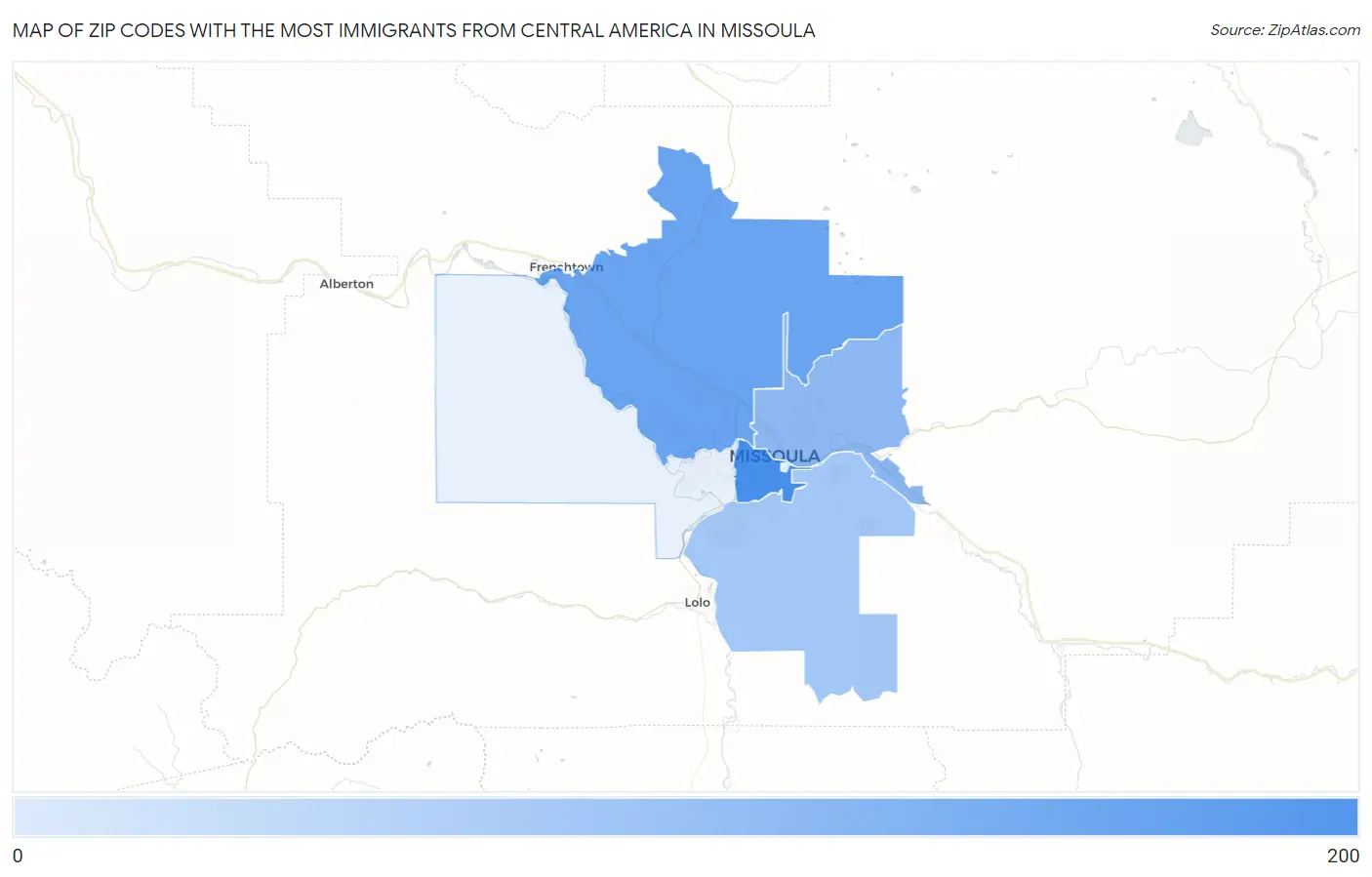 Zip Codes with the Most Immigrants from Central America in Missoula Map