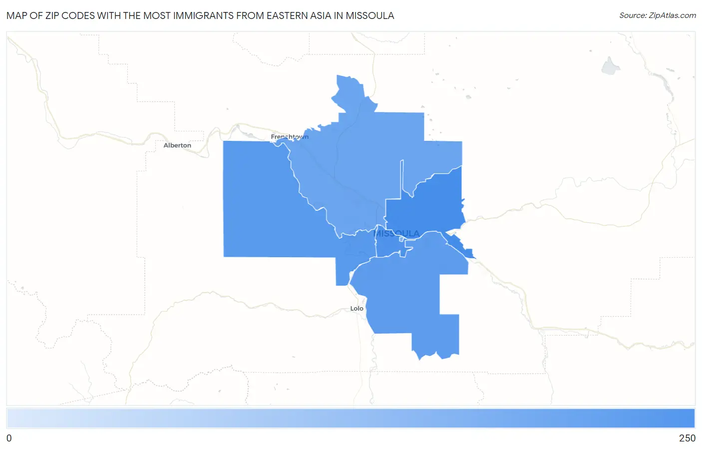 Zip Codes with the Most Immigrants from Eastern Asia in Missoula Map