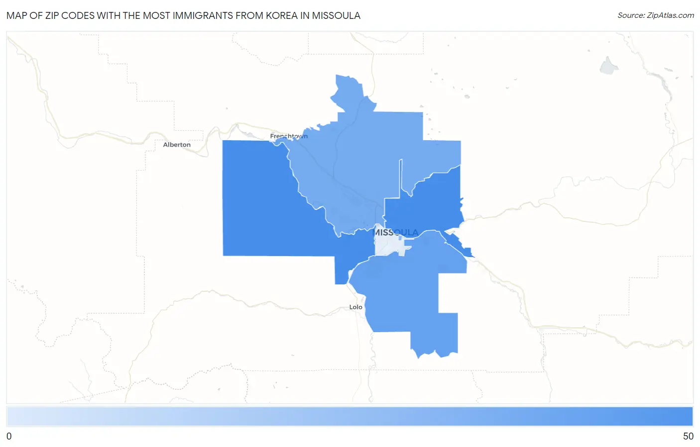 Zip Codes with the Most Immigrants from Korea in Missoula Map