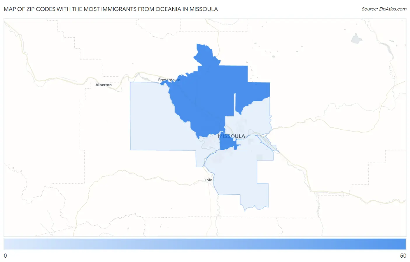 Zip Codes with the Most Immigrants from Oceania in Missoula Map