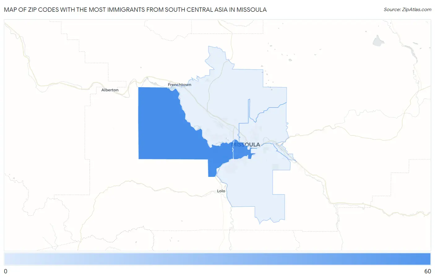 Zip Codes with the Most Immigrants from South Central Asia in Missoula Map