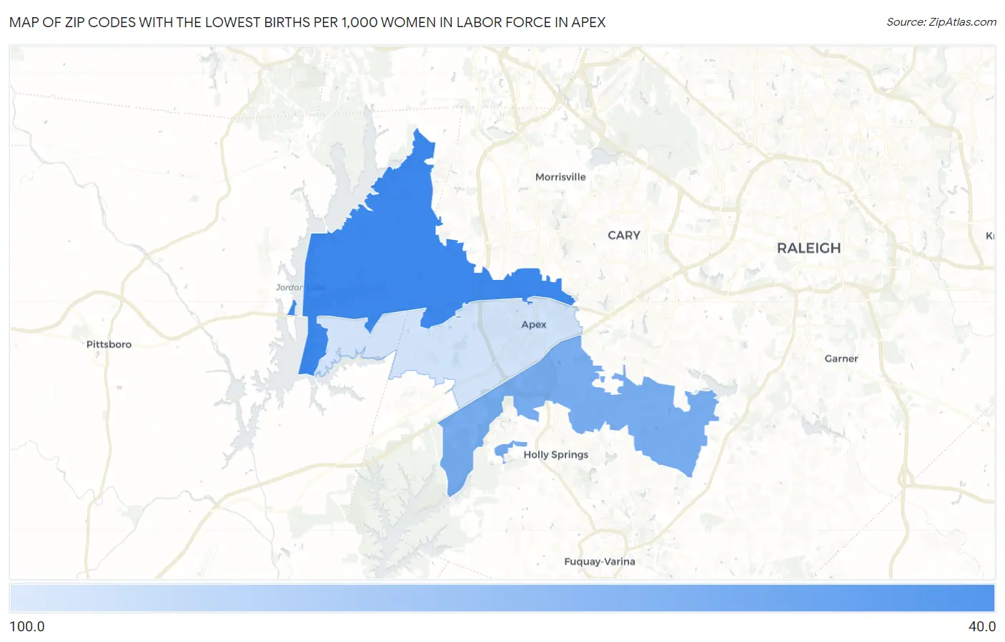 Zip Codes with the Lowest Births per 1,000 Women in Labor Force in Apex Map
