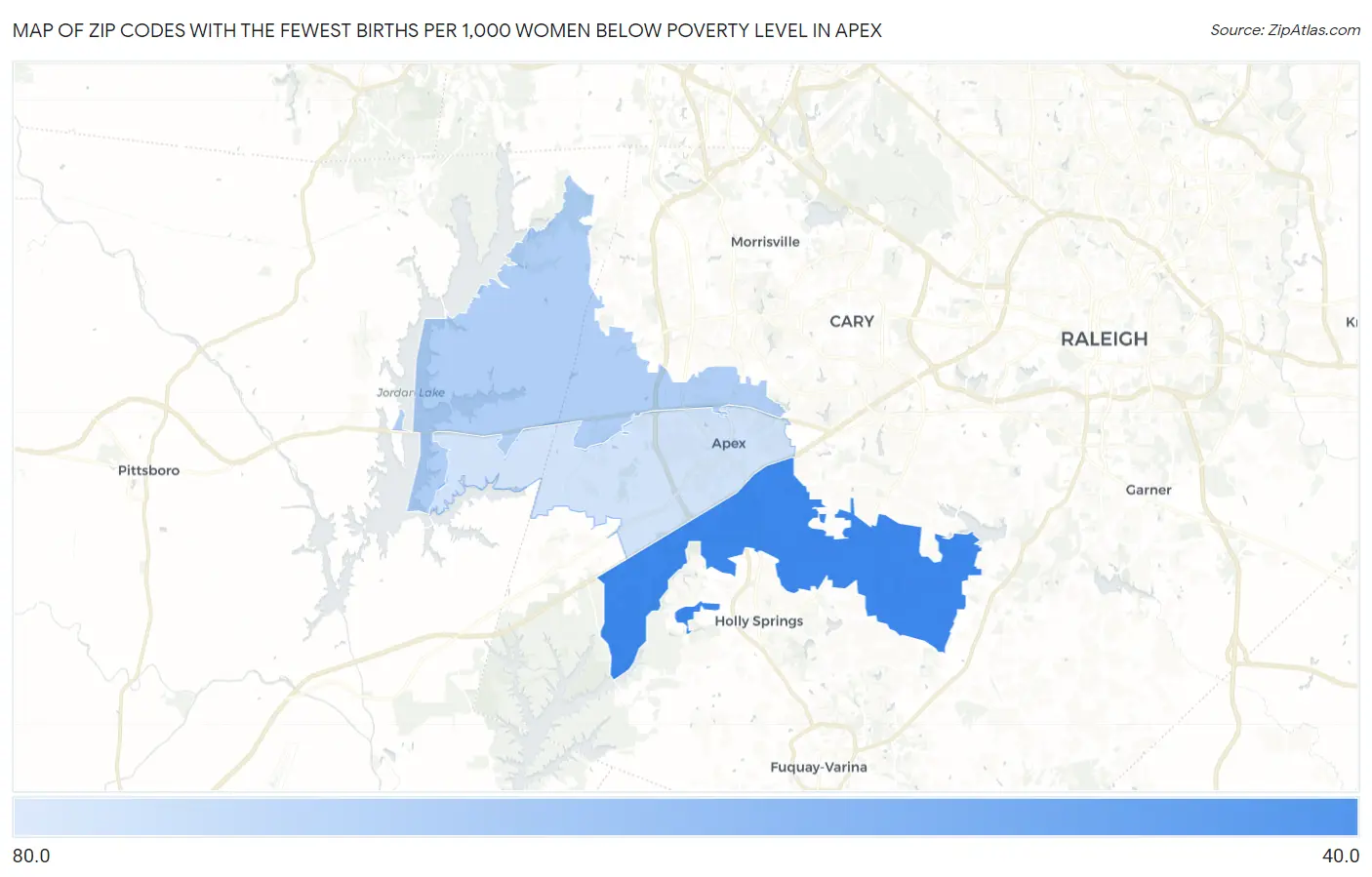 Zip Codes with the Fewest Births per 1,000 Women Below Poverty Level in Apex Map