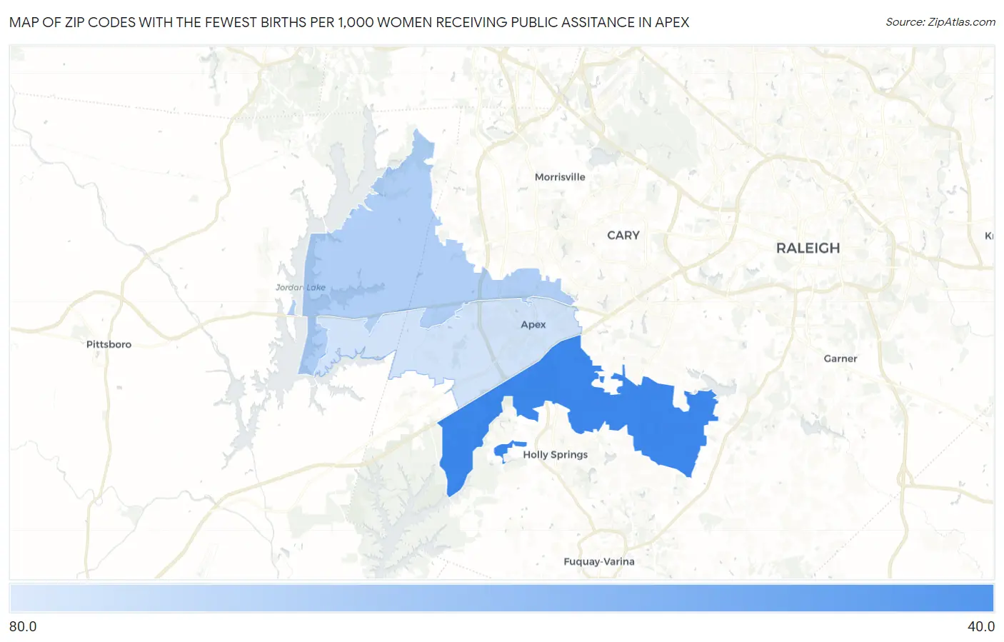 Zip Codes with the Fewest Births per 1,000 Women Receiving Public Assitance in Apex Map