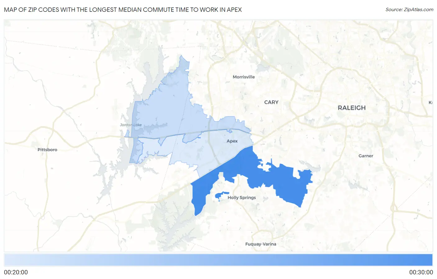 Zip Codes with the Longest Median Commute Time to Work in Apex Map