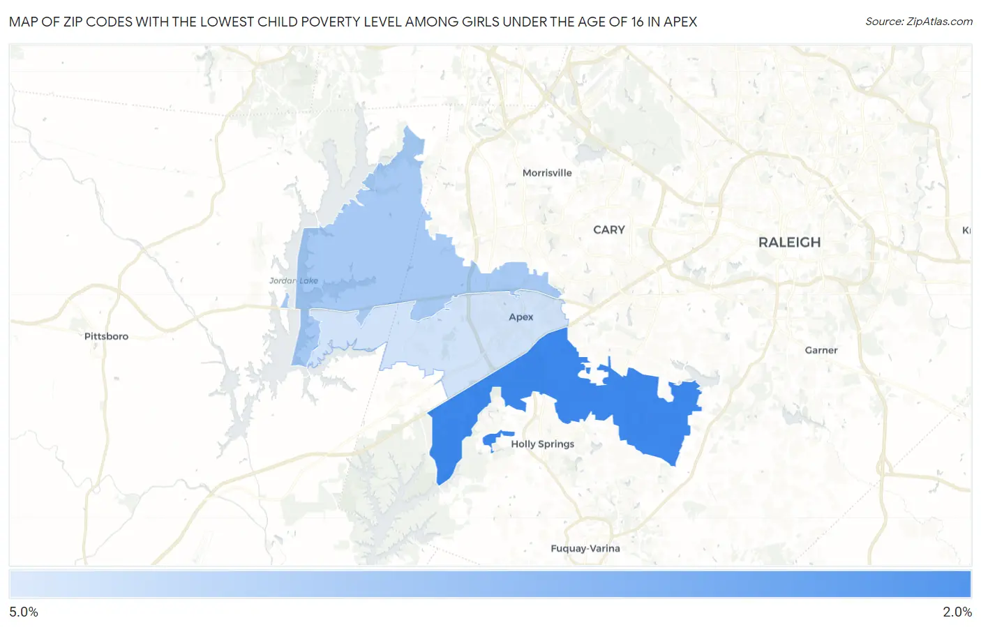 Zip Codes with the Lowest Child Poverty Level Among Girls Under the Age of 16 in Apex Map
