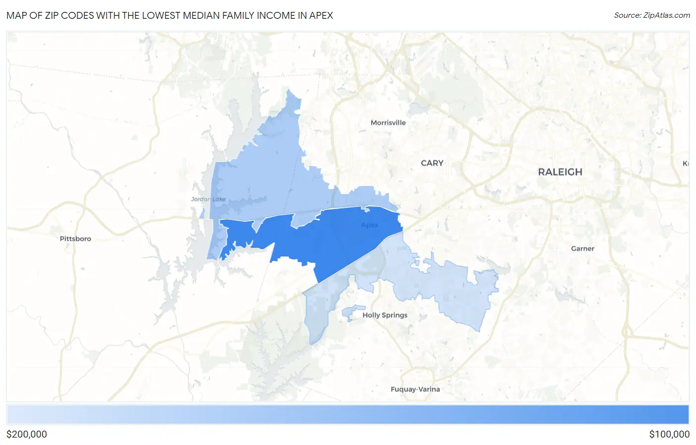 Zip Codes with the Lowest Median Family Income in Apex Map