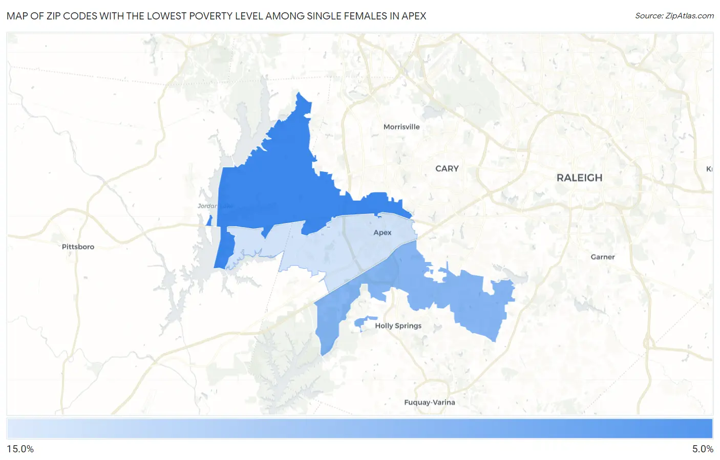 Zip Codes with the Lowest Poverty Level Among Single Females in Apex Map