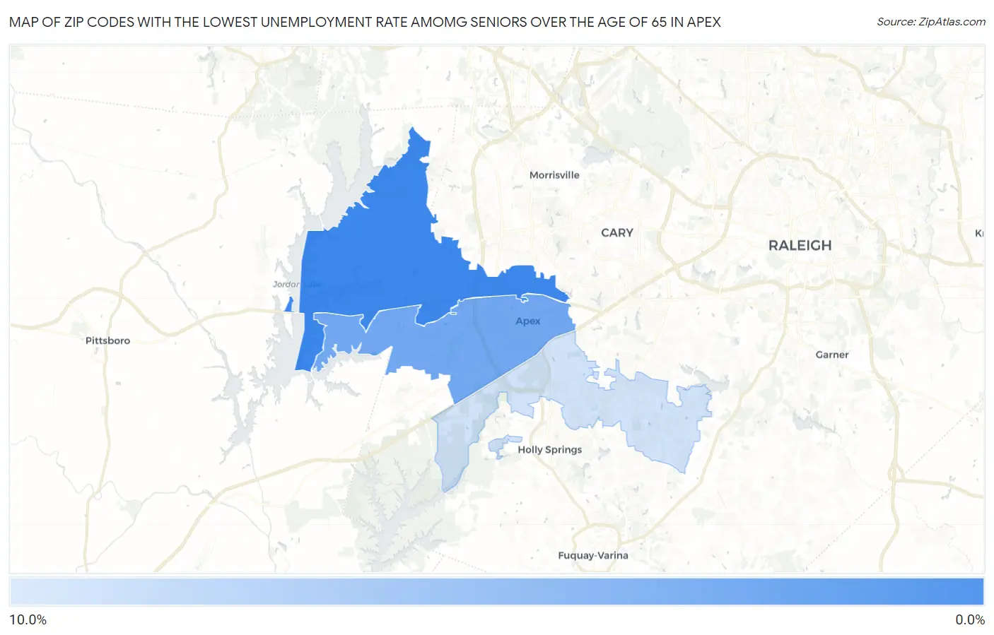 Zip Codes with the Lowest Unemployment Rate Amomg Seniors Over the Age of 65 in Apex Map
