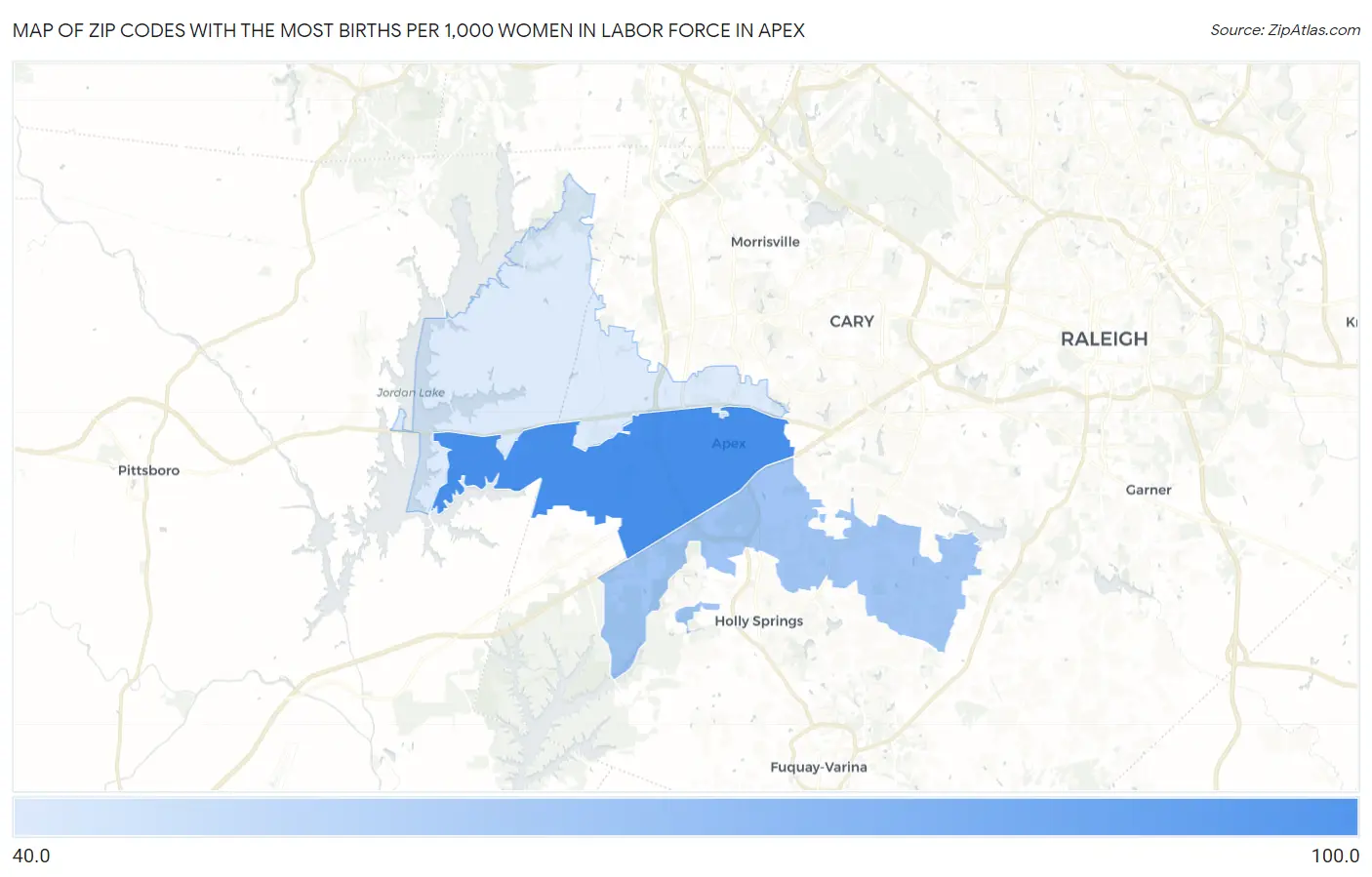 Zip Codes with the Most Births per 1,000 Women in Labor Force in Apex Map