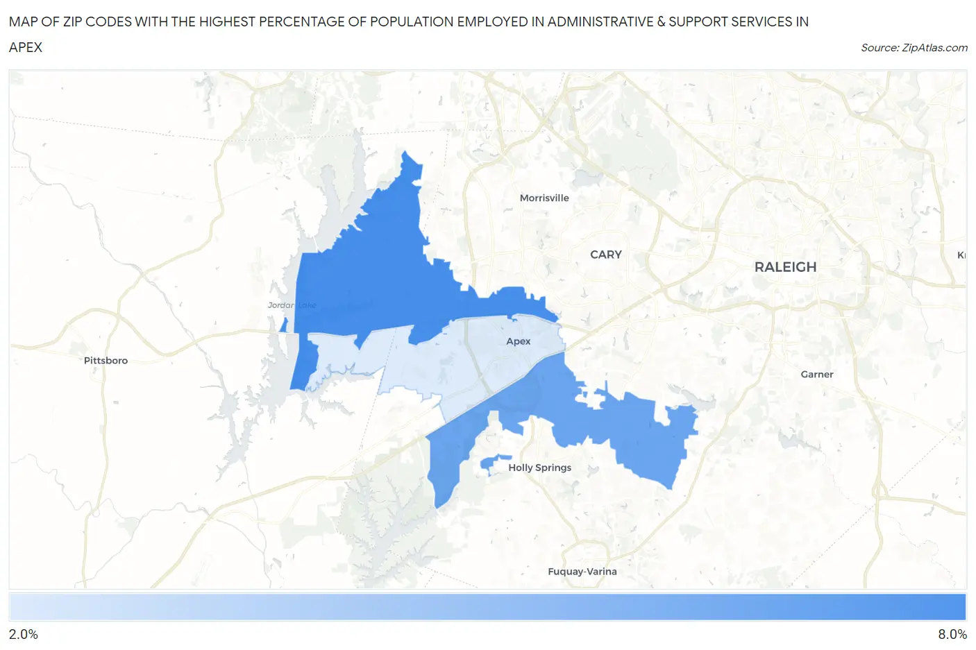 Zip Codes with the Highest Percentage of Population Employed in Administrative & Support Services in Apex Map