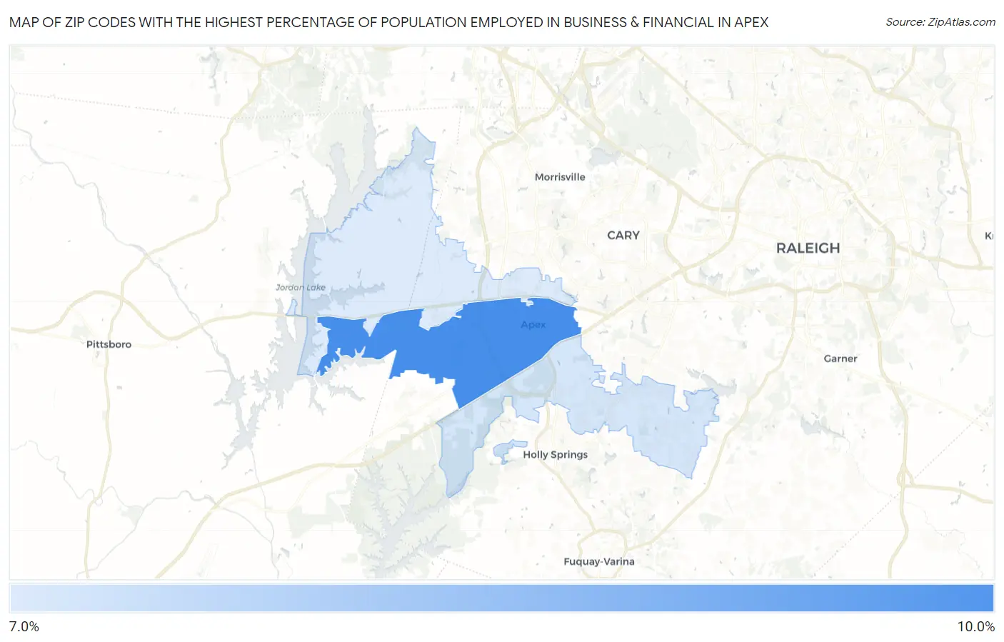 Zip Codes with the Highest Percentage of Population Employed in Business & Financial in Apex Map