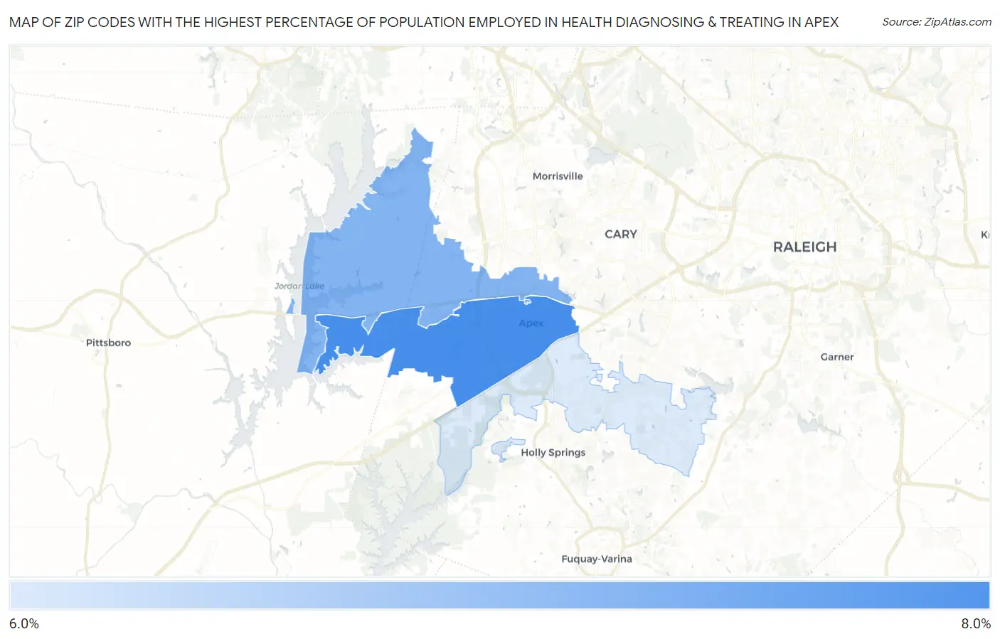 Zip Codes with the Highest Percentage of Population Employed in Health Diagnosing & Treating in Apex Map
