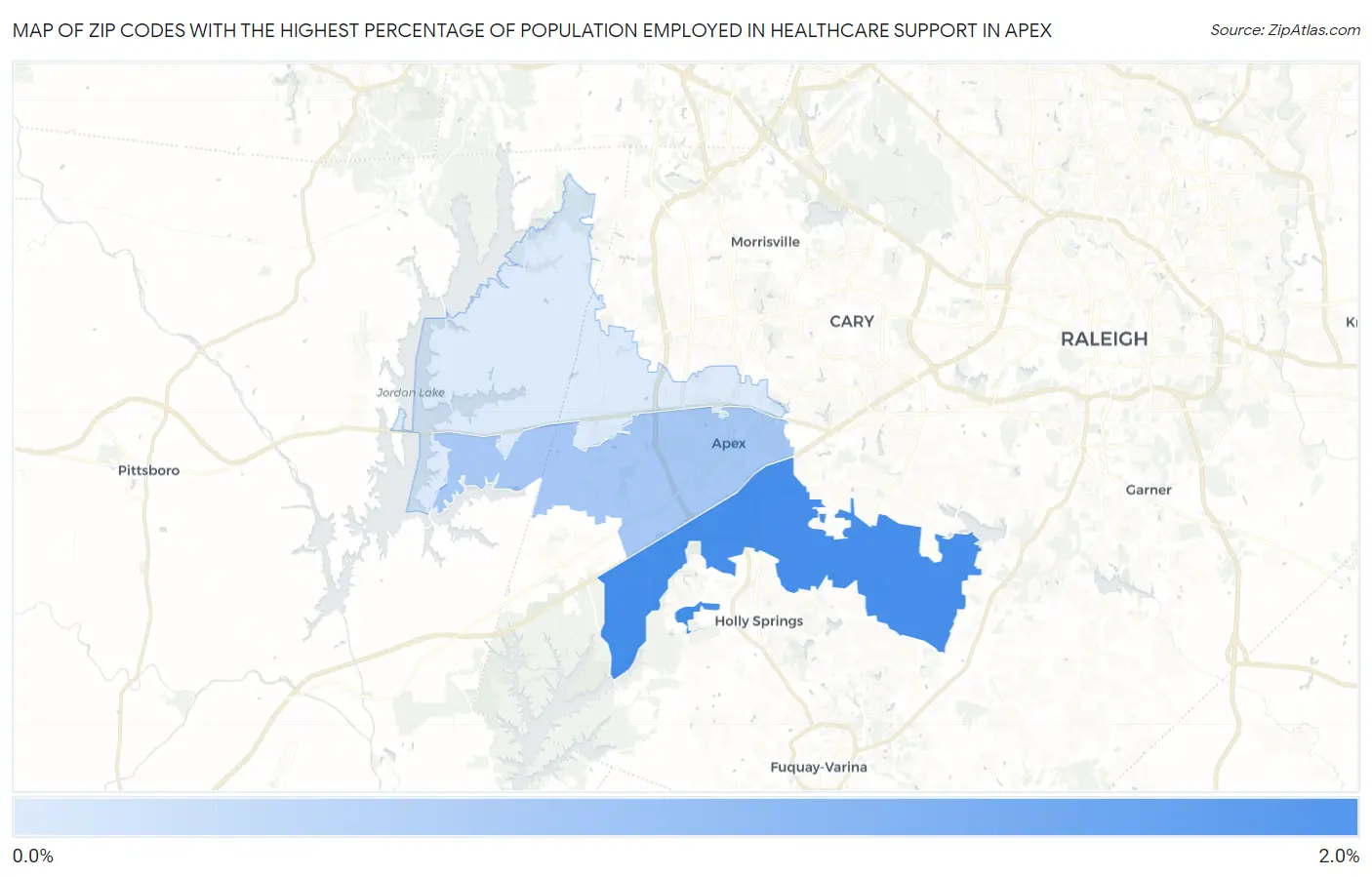 Zip Codes with the Highest Percentage of Population Employed in Healthcare Support in Apex Map